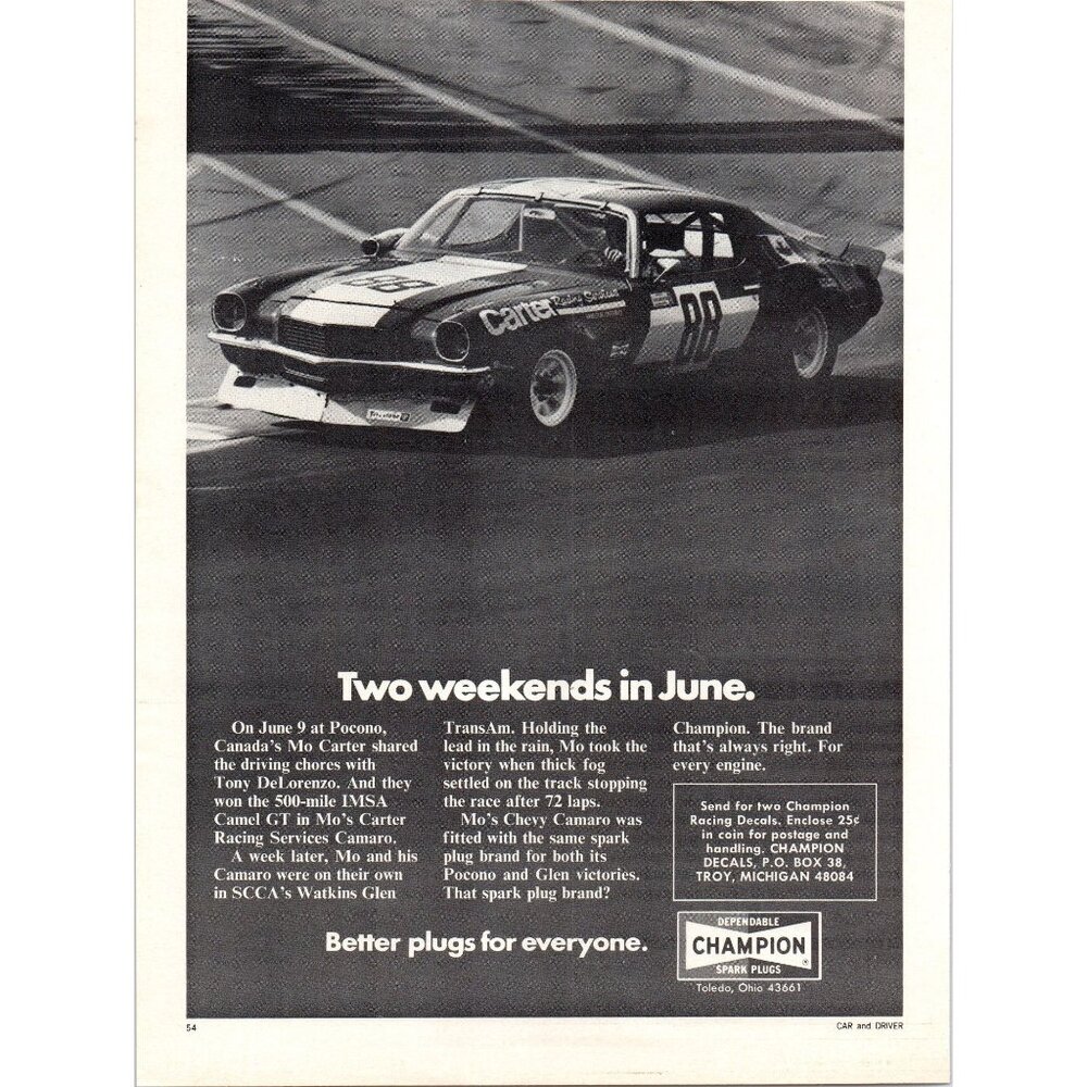 1973 Champion Spark Plugs Camaro Z28 Vintage Print Ad Pocono IMSA Race Wall Art